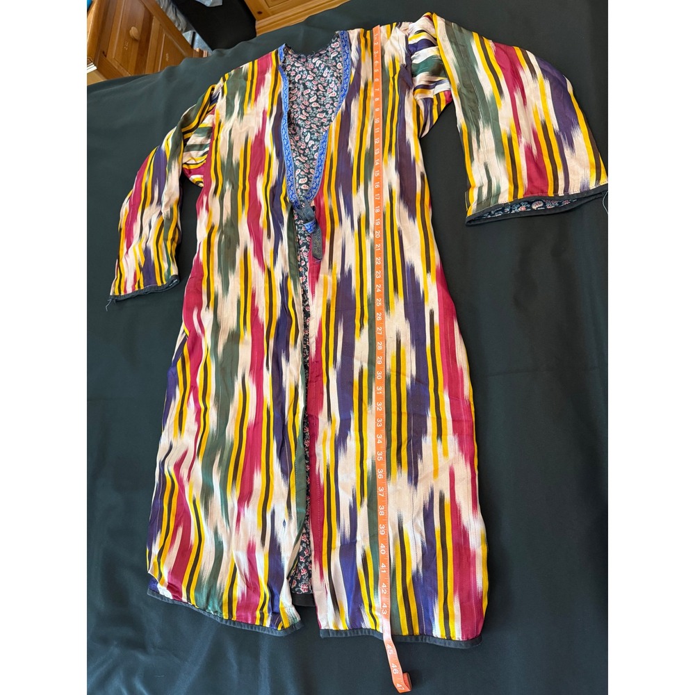 Vintage Style Ikat Print Duster Cardigan Multicolor Floral Lined Long Jacket - Picture 3 of 7